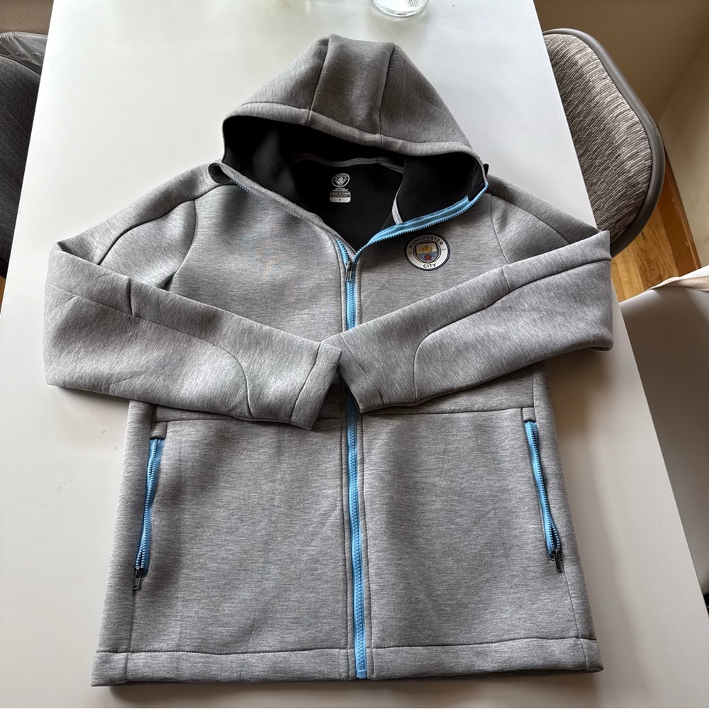 Manchester City Gray Zip-Up Hoodie with Light Blue Trim